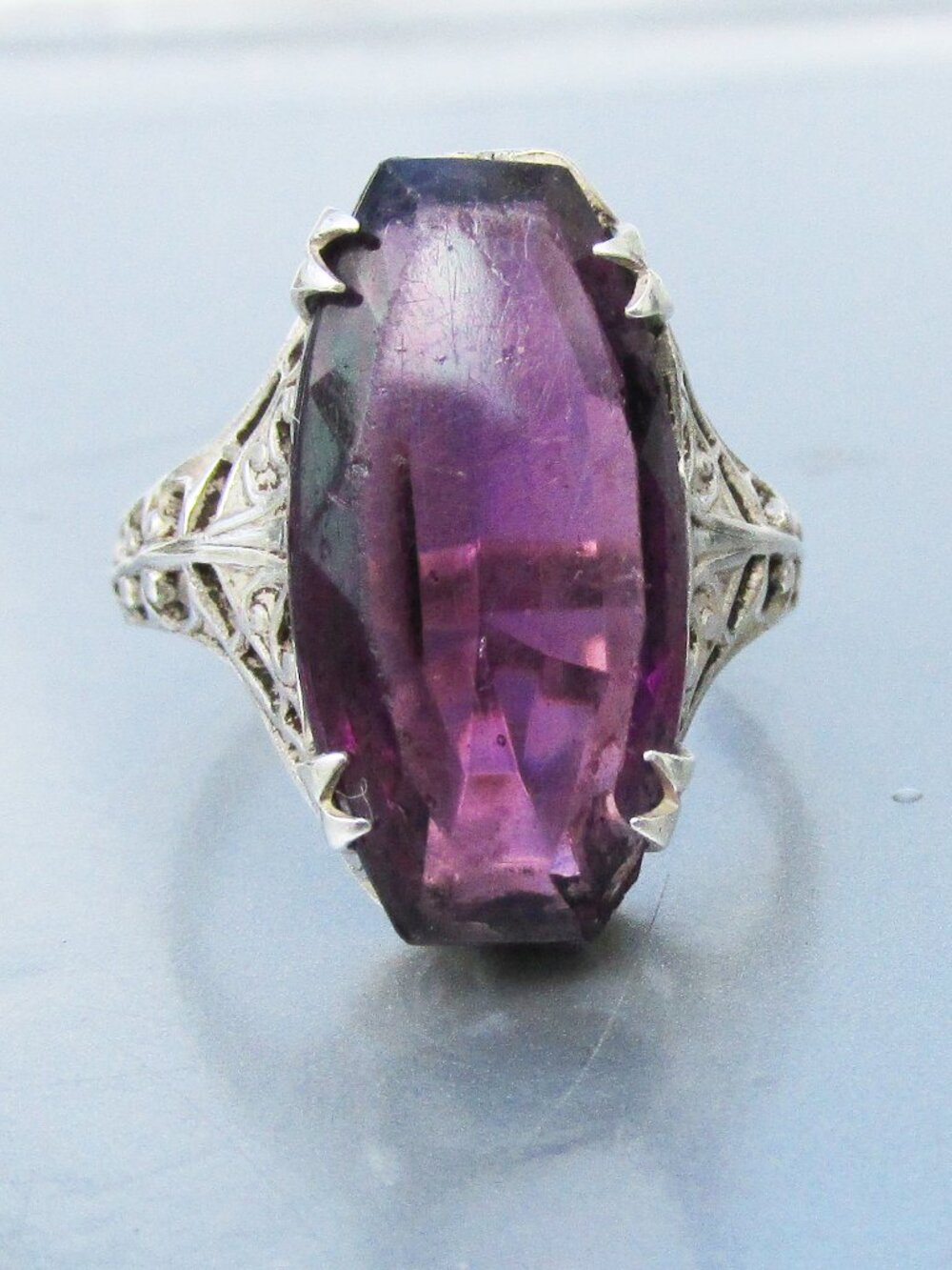 Antique Vintage Art Nouveau Sterling Silver Amethyst Glass Ring Sz 6 1/2